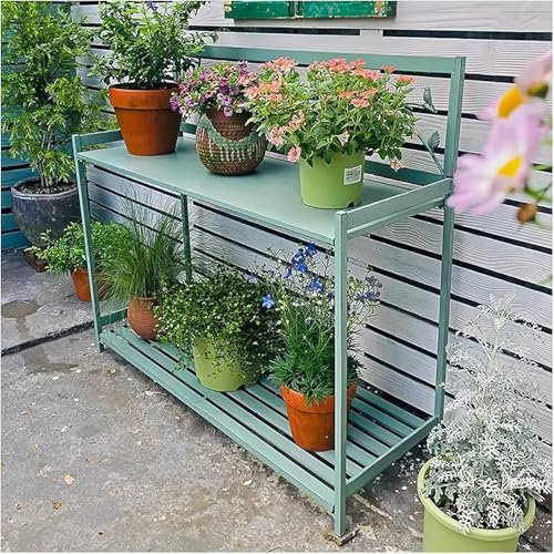 Banc de rempotage extérieur en métal avec étagère à 2 niveaux pour plantation, table de travail de jardin vert (taille : 126,5 x 45 x 115,5 cm)