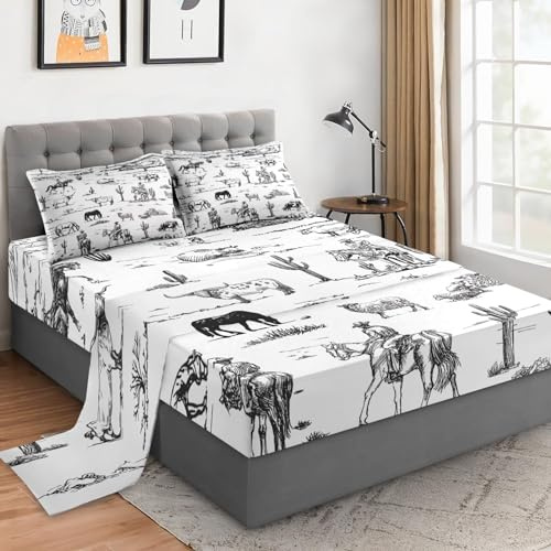 WeCozy 3 Pieces Twin Size Bed Sheet Sets with Pillowcases, Cowboy Farm Horse Soft Microfiber Bedding for Kids and Adults, Flat, Fitted Sheet for Bedroom Bed Decor