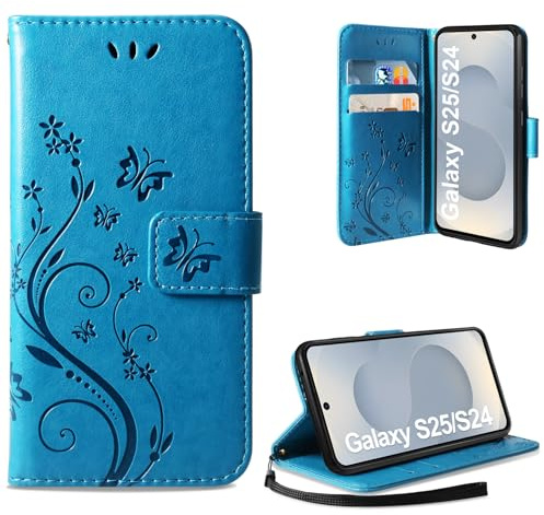 AROYI Läderskal kompatibelt med Samsung Galaxy S25 5G, flip plånbok, mobiltelefonfodral, PU-läder, fodral, kortplatser, kompatibelt med Samsung Galaxy S25 5G, blå