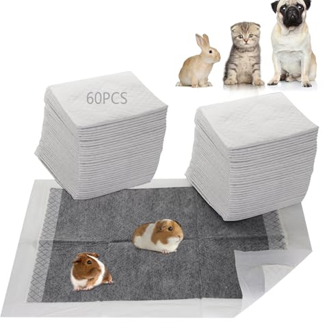PEFAVPRO Guinea Pig Pee Pads, Disposable Rabbit Cage Liners, Charcoal Odor Controlling Absorbent Waterproof Pee Pads for Hamster, Bunny, Ferret, Chinchilla and Other Small Animals (24 x 18, 60 PCS)