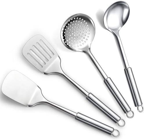 ReaNea Set di utensili da cucina in acciaio inossidabile 4 pezzi Include set di spatole in metallo, schiumatoio da cucina, mestolo da zuppa, gadget da cucina essenziali La nuova casa deve avere