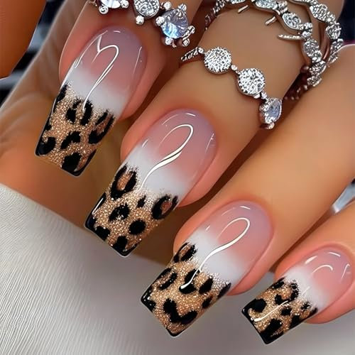24pcs Press Su Unghie Glitter Leopardo Disegni Pieno Rivestimenti Acrilici Unghie Finte Unghie Artificiali Manicure Arte