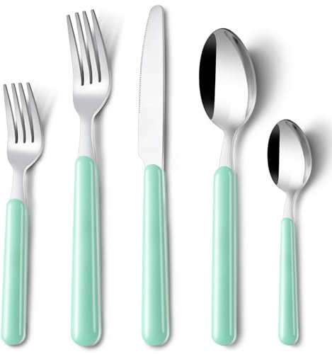 BEWOS Besteck Set für 12 Personen, 60 teilig besteckset Lichtgrün inkl. Messer, Gabel, Löffel, Farbige Griffe camping besteck, Spülmaschinenfest