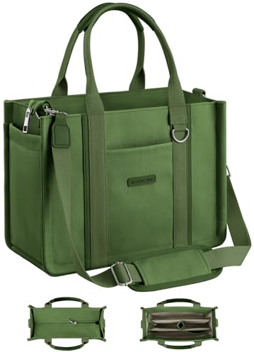BESBESME Canvas Tote Bag for Women with Zipper & Compartments – Large Multi-Pocket Work Laptop College Tote Purse, Crossbody Shoulder Bag for Teacher, Nurse, Bible Study, Travel Dark Green L