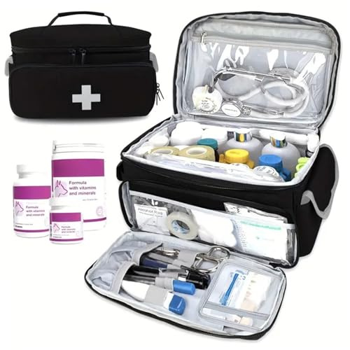 Bolsa de primeros auxilios, bolsa médica de 11x8x7 pulgadas con asa y multiCOMPARTAMIENTOS, organizador de medicina de viaje de gran capacidad, organizador de píldoras para el hogar, viajes de primer