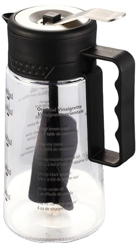 DONGSWARE Tarro mezclador de vinagreta de vidrio con medición, 450 ml, a prueba de fugas, tapa fácil de presionar para operación con una sola mano