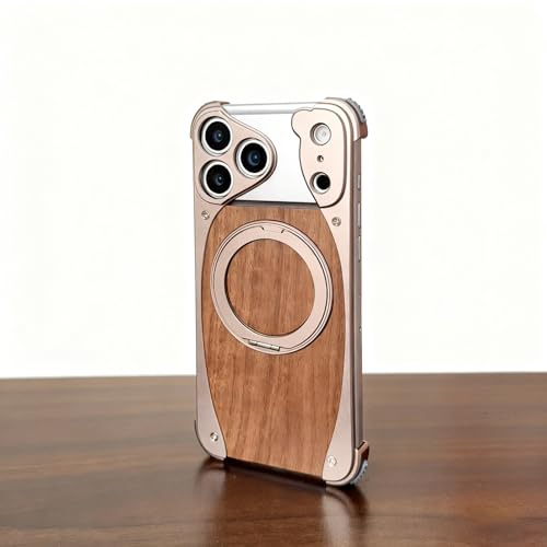 HUHUCASE för iPhone 17 Pro Max-fodral, valnötsträ + metall roterande magnetiskt stativ, ramlöst droppskyddsfodral med fyra hörn (iPhone 16pro, ökenguld)