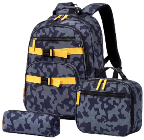 Amythe skolväska set pojkar 3 delar för grundskola, ergonomisk skolryggsäck med pennfodral och lunchväska, lätt barnryggsäck för 1,–5. Klass med bröstbälte och reflektorer, Tarngrön