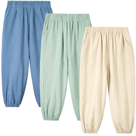 Miipat Pantalone Bambina, Set di 3 Pantaloni in Lino Cotone con Elastico Vita e Tasche Pantalone Harem Estivi ad Asciugatura Rapida Bambini e Bambine Anti Stechmücken