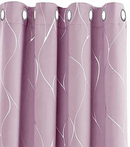 Deconovo Window Treatment Eyelet Room Darkening Curtains, Silver Wave Line Foil Printed Blackout Curtains for Livingroom, 46 x 90 Inch(Width x Length), Baby Pink, 1 Pair