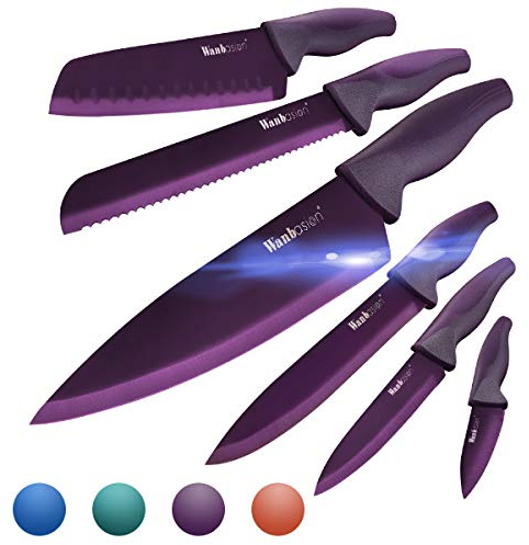 Wanbasion Purple Professional Kitchen Knife Chef Set, Stainless Steel, Dishwasher Safe with Covers