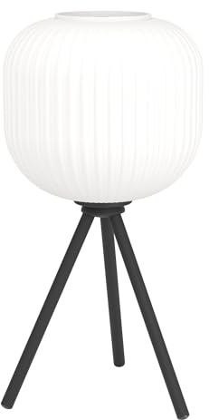 Eglo lámpara de mesa Mantunalle, lámpara de cabecera trípode escandinava, cristal en blanco y metal en negro, lámpara de salón y dormitorio con interruptor, casquillo E27