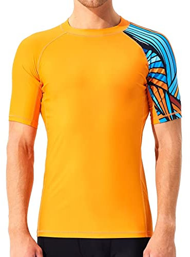 SURFEASY Men's Rash Vest Swim Shirts, Sun Protection Short Sleeve Quick Drying Rash Guard Base Layer Snorkeling Swimming Surfing Tops (Orange,S)