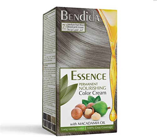 Bendida Coloración Permanente 120 ml con Aceite de Macadamia y Oxidante 6% | Cobertura 100% de canas & brillo duradero | Tinte Permanente | color crema nutritiva (7.2 Rubio medio perla)