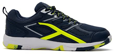 HUNDRED Xoom Scarpe da Badminton Professionali Antitraccia da Uomo | Materiale: ecopelle | Adatto per tennis indoor, squash, ping pong, basket e padel (Navy/Lime, Taglia: EU 38, UK 4, US 5)