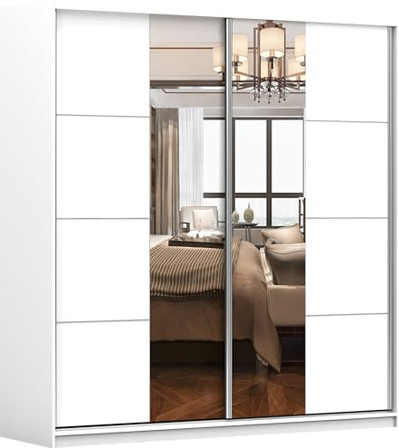 Fabryka Mebli Idźczak Kleiderschrank mit Spiegel, Schiebetüren, 2 Türen - Weißer Schwebetürenschrank, Schlafzimmerschrank - ‎61 x 203 x 218 cm - Schrank für Schlafzimmer, Wohnzimmer, Garderobe
