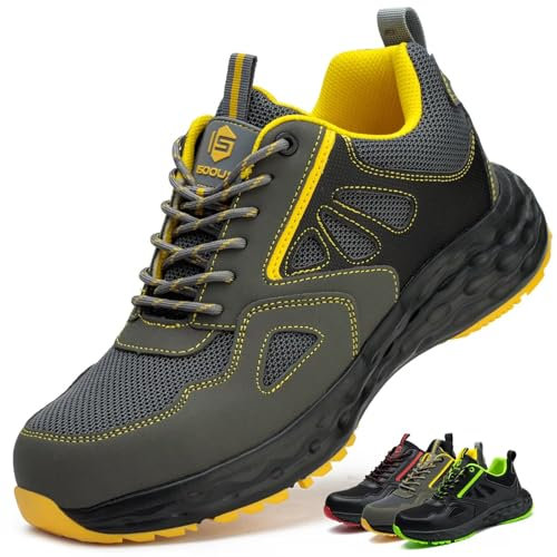 ISOOUS Chaussures de Sécurité Hommes Chaussures de Travail Femmes Légère Embout Plastique Basket Securite Antidérapante Cuisine Gris Jaune EU 43