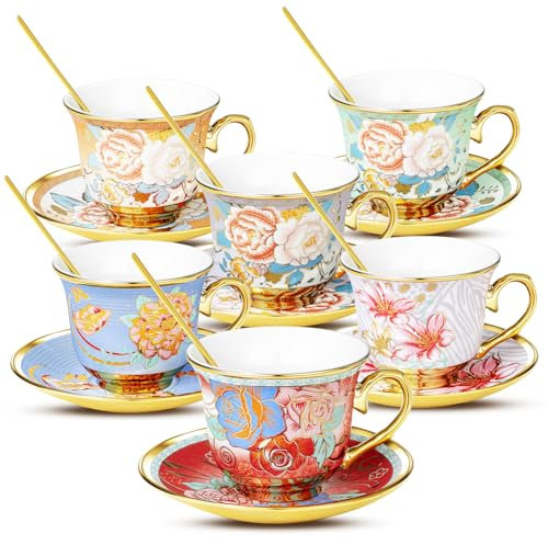 COXTOBRH Tea Cups and Saucers Sets of 6, 8 Oz Floral Tea Cups with Spoons Ceramic Cup and Saucer Set for Cappuccino, Espresso, Coffee, Cafe, Latte, Tea for Tea Birthday