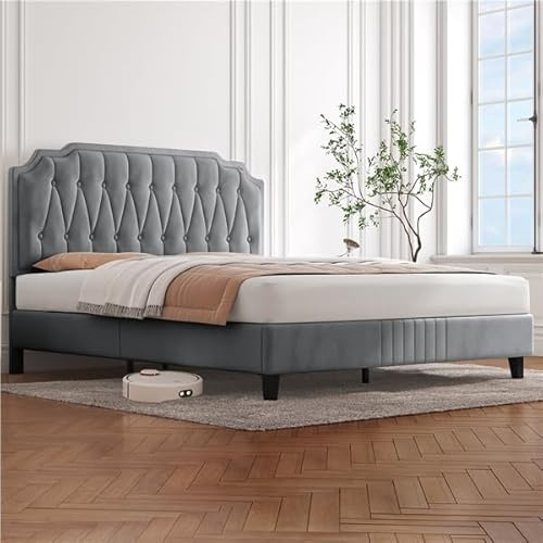 Yaheetech Letto con Testiera Imbottita 140 x 200 cm Altezza Regolabile Rete a Doghe in Legno e Metallo Grigio Chiaro