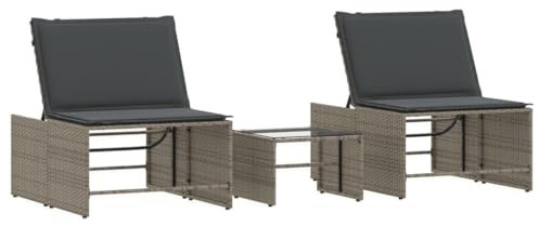 Makastle 2er-Set Gartenliege, Sonnenliege mit Kissen und Tisch, Wetterfest Verstellbar Rückenlehne Liegestuhl Garten Relaxliege, Grau Poly Rattan