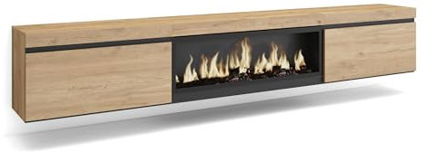 Skraut Home | Mueble TV | Televisión | Muebles de salón, almacenaje | 267x45x35 cm | para TV Gran Formato | Chimenea eléctrica XXL | Colgado, Suspendido | Estilo Moderno | Roble