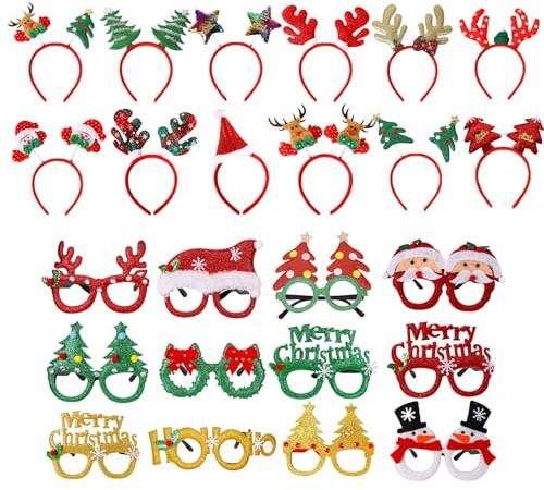 FLOWERTEEN Christmas Party Favors for Adults, 24Pcs Glittered Christmas Headbands and Glasses Frames Set with Assorted Design for Christmas Party Holiday Favors and Photo Booth