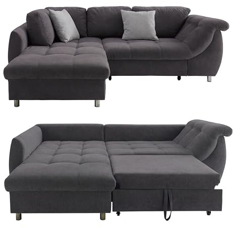 Ecksofa mit Schlaffunktion und Bettkasten B250/T190/H84 cm, Wellenunterfederung und Komfortschaum, Longchair Ottomane links, Bezug Mikrofaser in Anthrazit, 2 Zierkissen Grau / 17006