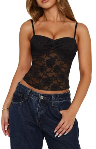 Meihuida - Top da donna in pizzo, Y2k, alla moda, sexy, con rete trasparente, canottiera tank, nero, M