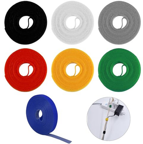 Lot de 7 Bandes Auto-Agriffantes 10mm x 5m - Adhésif Haute Adhérence pour Organisation Câbles Électriques, Fixation Réutilisable Durable Maison/Bureau (Multicolore)