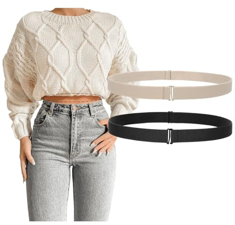 JASGOOD 2 PCS Crop Top Tuck Waist Band Adjustable Band Tucking Sweaters Shirts Elastic Stretch Belts for Women Change Style of Your Tops (Black+Beige)