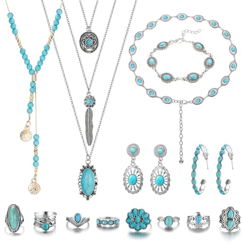 TELAIN Bohemisches Türkis Schmuckset für Frauen & Männer Western-Style Türkis Halsketten, Ohrringe, Gürtel, Armband & Ringe, Vintage Türkis Schmuck, Adjustierbar & Vielseitig