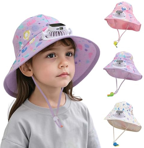 Chapeau de ventilateur solaire pour enfants - Casquette d'été avec ventilateur de charge USB intégré - Large bord pour les excursions à la plage - Chapeaux de jardin en plein air - Avec écharpe