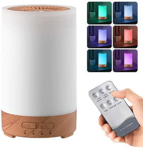 WIYETY Diffusore di aromi con telecomando: 150 ml, venature bianche in legno, nebulizzatore di fragranze con luce LED a 7 colori e impostazione del timer, umidificatore di profumi per camera da letto