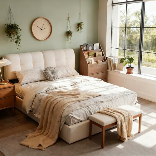 BRILVERDE Lit Double 140x200 avec Rangement, avec Lumières LED, Lit Coffre avec sommier à Lattes et tête de lit rembourrée, pour Adultes et Adolescent, Velours (Blanc cassé, 140 x 200 cm)