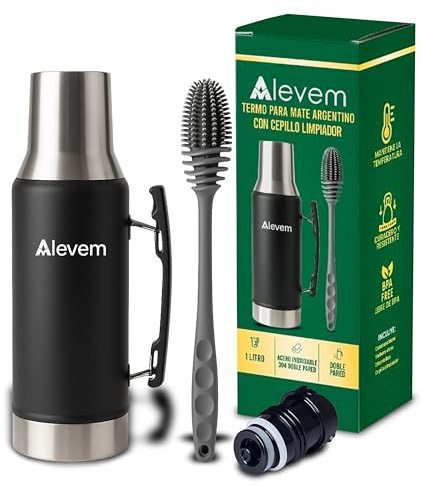 Termo Mate Argentino 1L Máxima Conservación de Temperatura | Termo para Mate Acero Inoxidable 304 con Pico Cebador y Cepillo Limpiador y Pegatinas | Botella Termica Duradera para Cebar