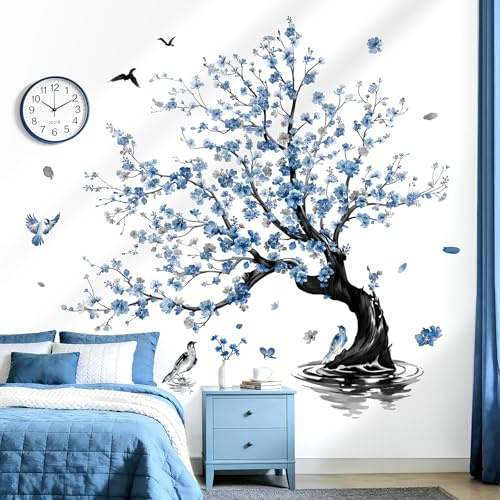 decalmile Pegatinas de Pared Flores Árbol Azu Vinilos Decorativos Cerezo