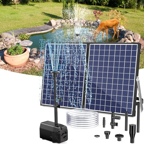 POPOSOAP 35W Solar Pond Pump to 170-340 Gallon Outdoor Garden Pond Fountain | High-Conversion Tempered Glass Panel, 480GPH adjust flow Quite Pump, DIY 4 Styles nozzles, 16.4ft cord, 6.6FT tubing For Pond