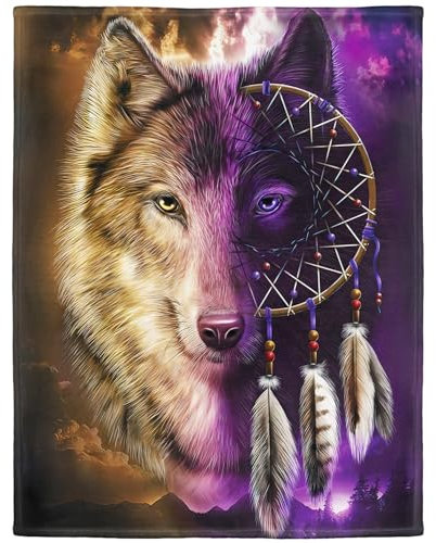 YISUMEI Decke 125x200 cm Kuscheldecken Sanft Flanell Weich Fleecedecke Bettüberwurf Wolf Traumfänger