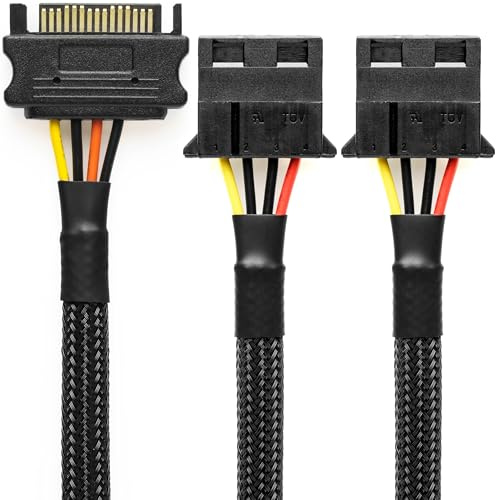 CRJ 12-inch (30cm) SATA to Dual Molex Power Adapter Cable - Black Sleeved, Power Two Peripheral Devices with a 15-Pin SATA Connection
