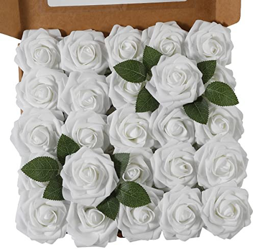Ruiuzioong Künstliche 25 Stück Rosen Blumen Schaumrosen Foamrosen Kunstblumen Rosenköpfe Gefälschte Kunstrose Rose für Hochzeit Blumensträuße Braut Zuhause Dekoration (Weiß, 25 Stück)