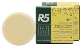 R5, Doccia Shampoo Solido Kids, 2 Pezzi, 94% Ingredienti di Origine Naturale, Amido di Riso e Olio di Mandorle Dolci, Profumo di Crème Caramel, Vaniglia e Orchidea, Made in Italy