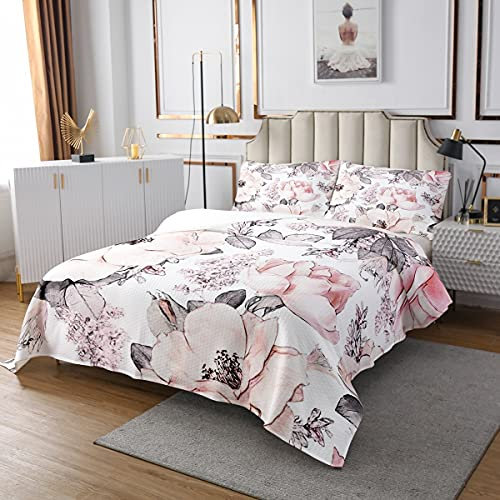 Homewish Blumen Gesteppte rosa Blumenblüten-Tagesdecke für Kinder, Mädchen, Frauen, Blätter im pastoralen Stil Quilt-Set Aquarell weiche Mikrofaser-Bettdecke mit 2 Kissenbezüge, weiß 240x260