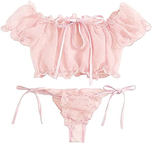 VicSec Women Sexy Babydoll Lingerie Set, Cute Transparent Bra and Panties Set, Adjustable Bowknot Strappy Teddy Underwear Naughty Sleepwear Nighties for Valentines Gift (Pink, One Size)