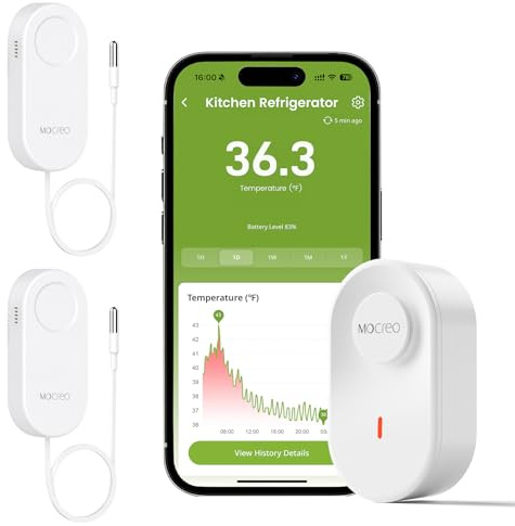MOCREO Termómetro WiFi para congelador, alerta por correo electrónico, notificación de aplicación, exportación de registros de datos, sin tarifa de suscripción, sensor de temperatura inalámbrico