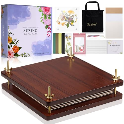Suziko Blumenpresse -Set mit Aufbewahrungstasche, großes Blumenpresse- aus Holz - DIY Kunst- und Handwerks-Set mit 6 Schichten, Holzblumenpressen-Set für Erwachsene - Kunsthandwerk - 25 x 25 cm