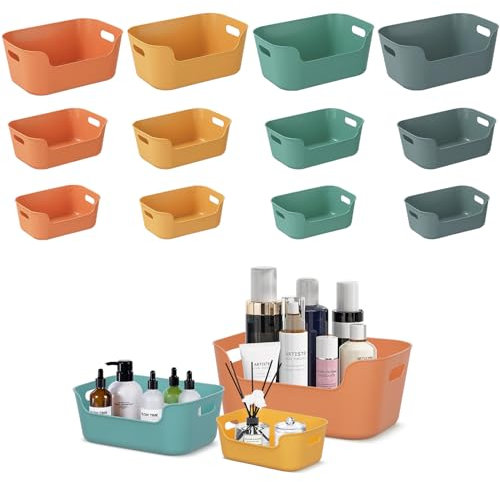 Multiple Colour Plastic Storage Boxes Set of 12, Stackable Storage Organiser Box, Cupboard Organiser for Kitchen, Bathroom, Office, School, Home, 4 Colors, Big/Medium/Small Size Storage Basket