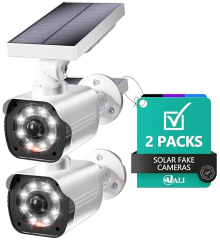 WALI Dummy Fake Camera, Security Camera with Motion Sensor Flood Light, Simulated Surveillance Security CCTV Dome Camera Indoor Outdoor (TCW2-SOL), 2 Packs, White-Solar