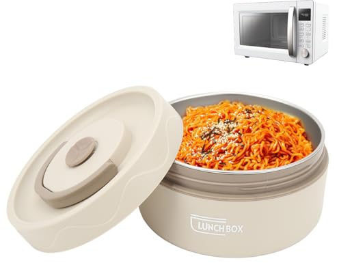 Tissting 420ml Food Warm Lunch Container, Bento Lunch Box, 304 Stainless Steel Double Layer Portable Round Shape Thermal Lunch Container, Food Container for Office(Microwave Available - White)