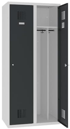 Steinbock Spind bodenstehend | 2 Abteile mit Mitteltrennwand | HxBxT 180 x 80 x 50 cm | abschließbar | Zylinderschloss | Anthrazit | Metallspind inkl. Hutablage, Kleiderstange, Namensschild