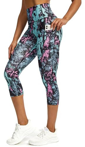 Tuspryt Sport Leggings Damen 3/4 Capri mit Taschen, Sporthose Blickdicht Fitnesshose Laufhose XL